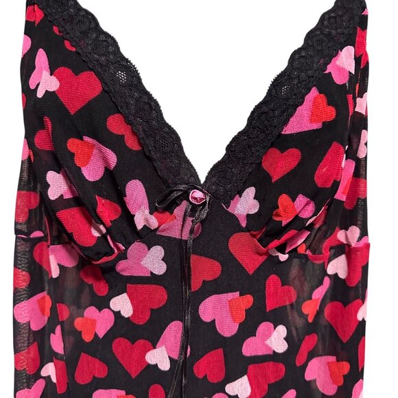 Cacique Intimates Womens Plus Size 14/16 Black Mesh Chemise Slip Pink Red Hearts - Picture 6 of 15